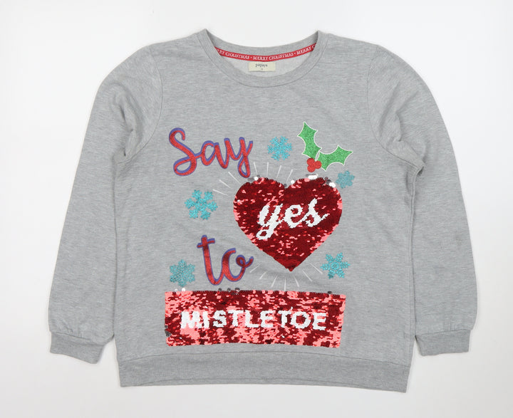 Papaya Womens Grey Sequin Christmas Pullover Sweatshirt Size 14