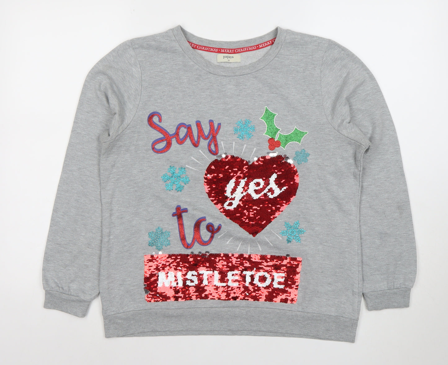 Papaya Womens Grey Sequin Christmas Pullover Sweatshirt Size 14
