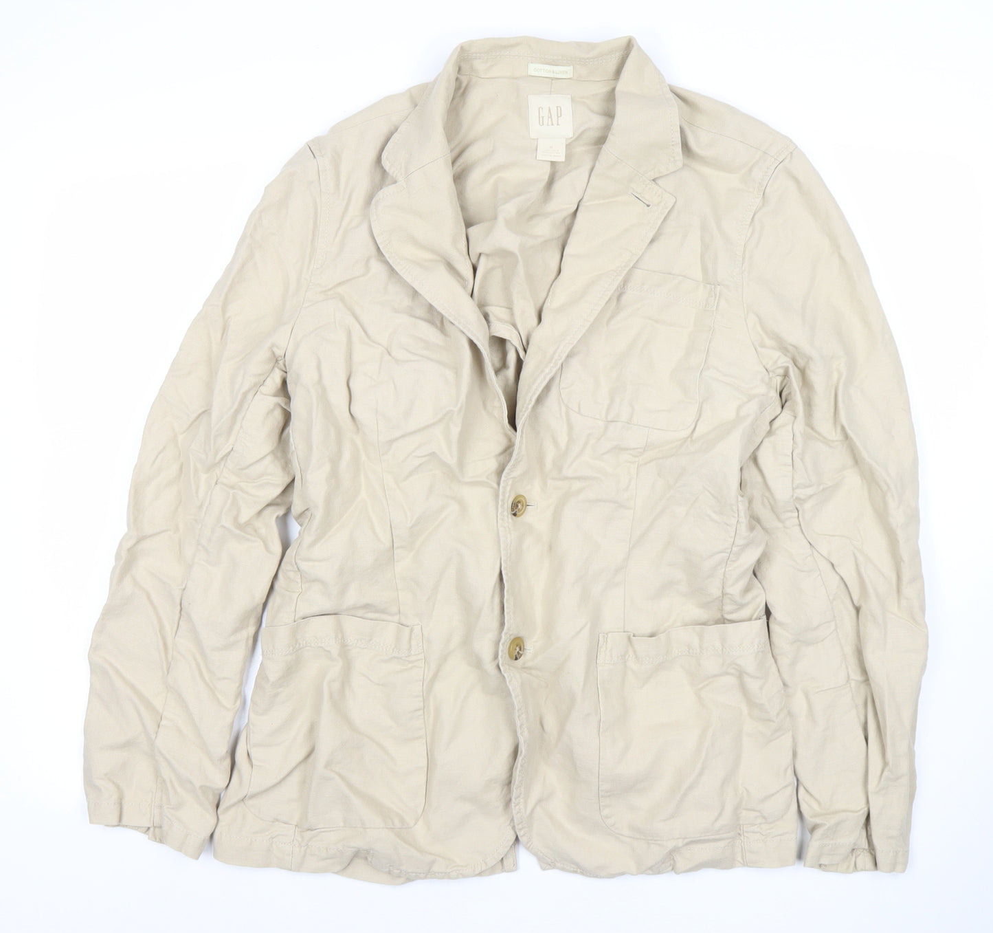 GAP Women Beige Linen Cotton Two-Button Blazer Size M