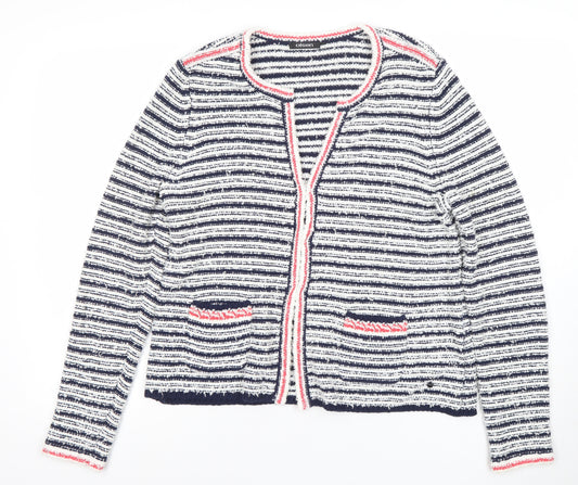 Olsen Women Blue Striped Knit Cardigan Size 14 Cotton Blend