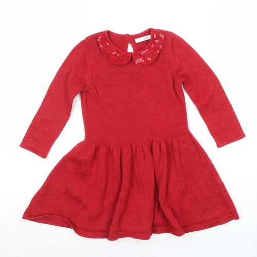 Marks and Spencer Girls Red Sequin Collar Fit & Flare Party Dress 2-3 Years