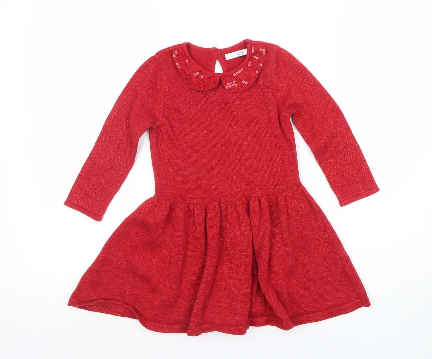 Marks and Spencer Girls Red Sequin Collar Fit & Flare Party Dress 2-3 Years
