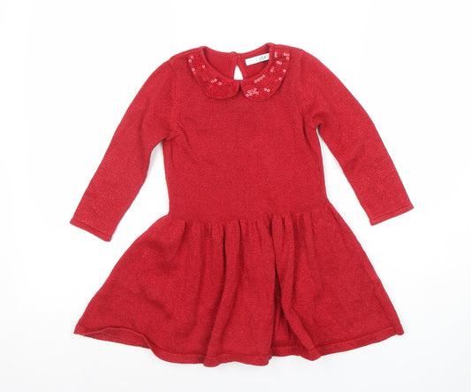 Marks and Spencer Girls Red Sequin Collar Fit & Flare Party Dress 2-3 Years