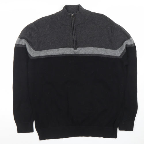 TU Mens Black Grey 1/4 Zip High Neck Cotton Jumper M