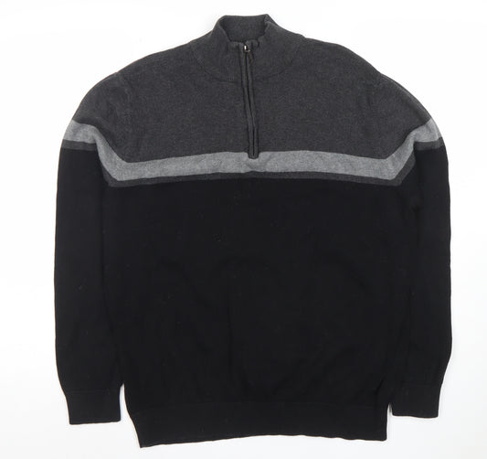 TU Mens Black Grey 1/4 Zip High Neck Cotton Jumper M