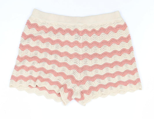 George Girls Pink & Beige Knit Striped Shorts 6-7 Years Cotton Blend