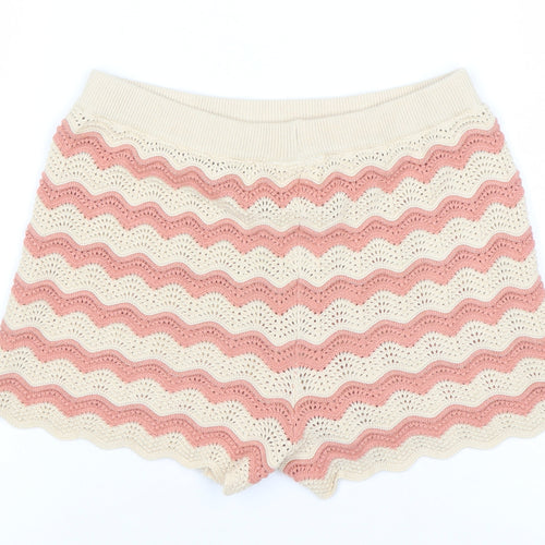 George Girls Pink & Beige Knit Striped Shorts 6-7 Years Cotton Blend