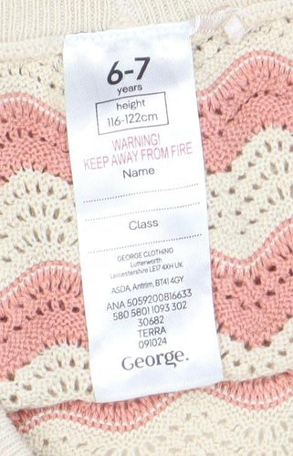 George Girls Pink & Beige Knit Striped Shorts 6-7 Years Cotton Blend