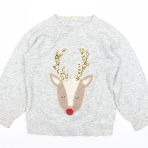 John Lewis Girls Grey Sequin Reindeer Christmas Jumper Size 6 Years