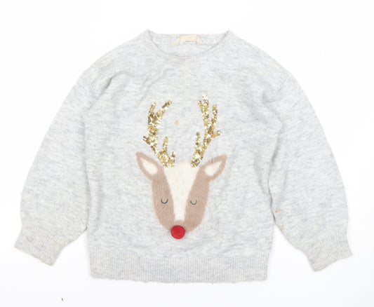 John Lewis Girls Grey Sequin Reindeer Christmas Jumper Size 6 Years