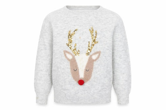 Front view of John Lewis girls’ grey sequin reindeer christmas jumper, size 6, years