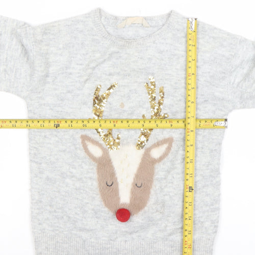 John Lewis Girls Grey Sequin Reindeer Christmas Jumper Size 6 Years