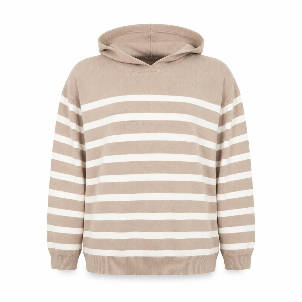 Front view of Alice Collins Women's Beige Striped Hooded Pullover, size 18