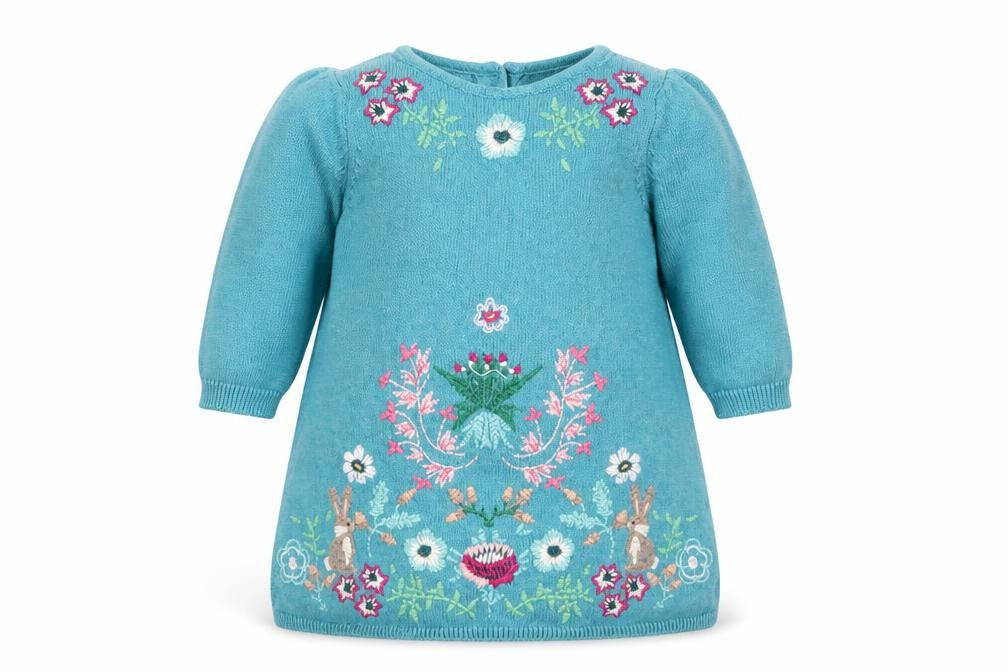 Front view of Next Blue Bunny Floral Knit jumper 0-3 Months unisex baby