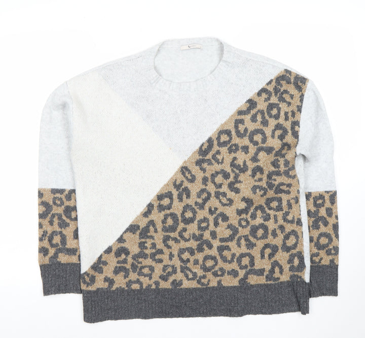 Tu Womens Grey Leopard Print Crew Neck Knitted Jumper Medium