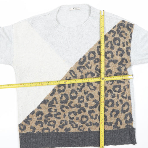 Tu Womens Grey Leopard Print Crew Neck Knitted Jumper Medium