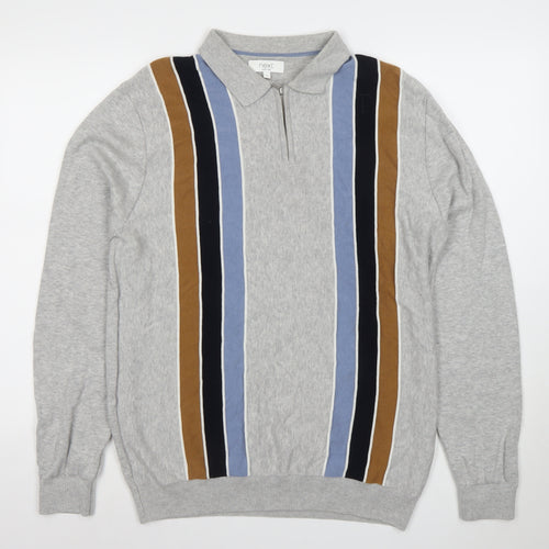 Next Men's Grey Striped 1/4 Zip Long Sleeve Cotton Polo L