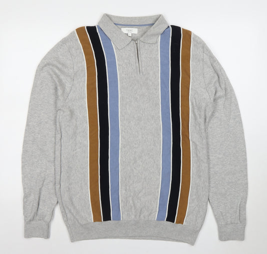 Next Men's Grey Striped 1/4 Zip Long Sleeve Cotton Polo L