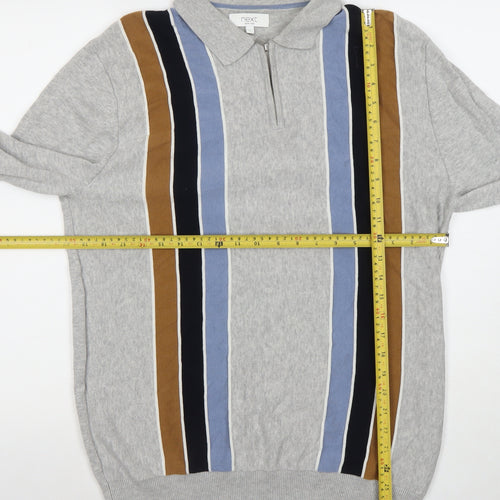 Next Men's Grey Striped 1/4 Zip Long Sleeve Cotton Polo L