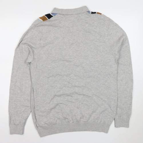 Next Men's Grey Striped 1/4 Zip Long Sleeve Cotton Polo L