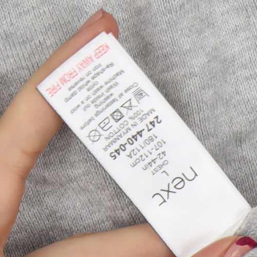 Next Men's Grey Striped 1/4 Zip Long Sleeve Cotton Polo L