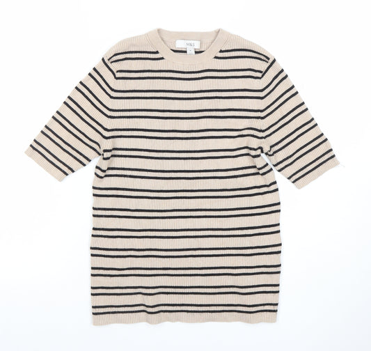 Marks and Spencer Women’s Beige Striped Knit Short Sleeve Top M