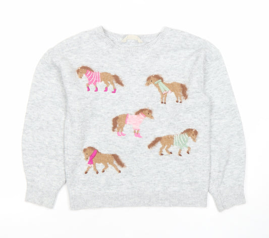 John Lewis Girls Grey Horse Print Acrylic Blend Jumper Age 8 Years