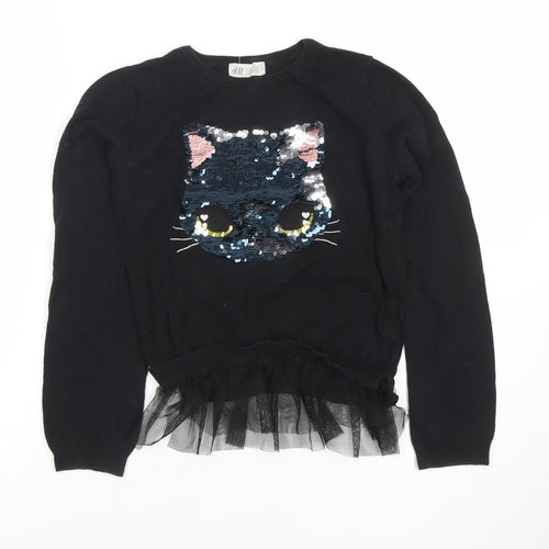 H&M Girls Black Sequin Cat Pullover Long Sleeve T-Shirt 10 Years
