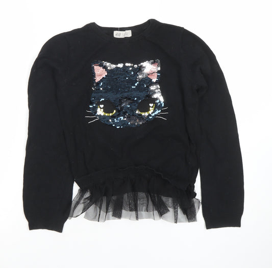 H&M Girls Black Sequin Cat Pullover Long Sleeve T-Shirt 10 Years
