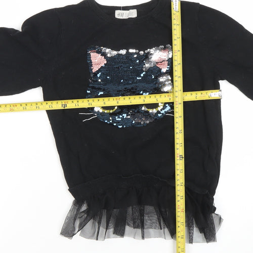 H&M Girls Black Sequin Cat Pullover Long Sleeve T-Shirt 10 Years