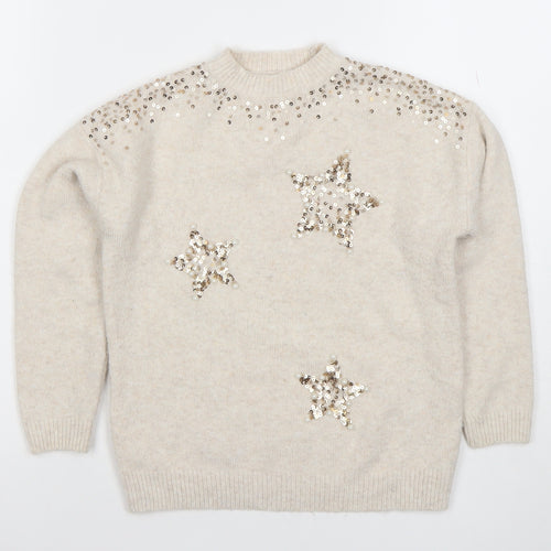 Next Girls Beige Sequin Star Jumper Pullover Knitwear 7 Years