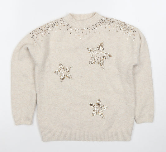 Next Girls Beige Sequin Star Jumper Pullover Knitwear 7 Years