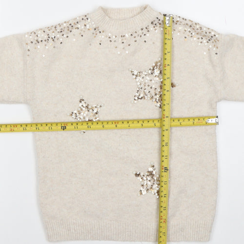 Next Girls Beige Sequin Star Jumper Pullover Knitwear 7 Years