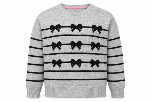 Front view of Crew Clothing girls’ grey bow stripe knit jumper, size 16, years