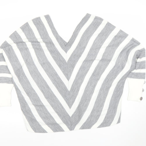 JO by Jenerique Women’s Grey White Striped V-Neck Pullover Jumper M
