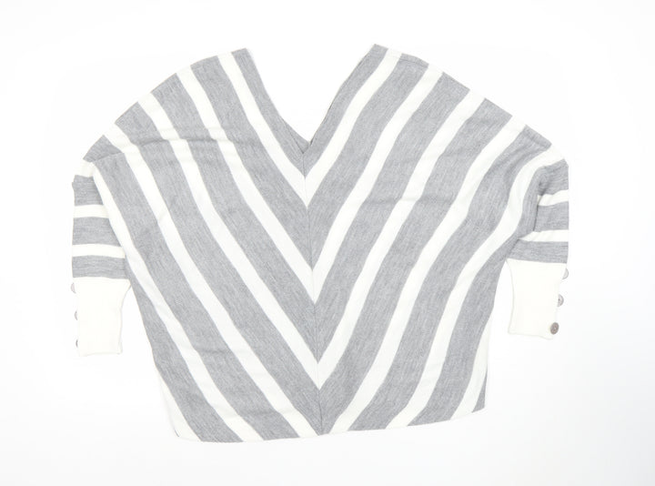 JO by Jenerique Women’s Grey White Striped V-Neck Pullover Jumper M