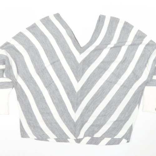 JO by Jenerique Women’s Grey White Striped V-Neck Pullover Jumper M