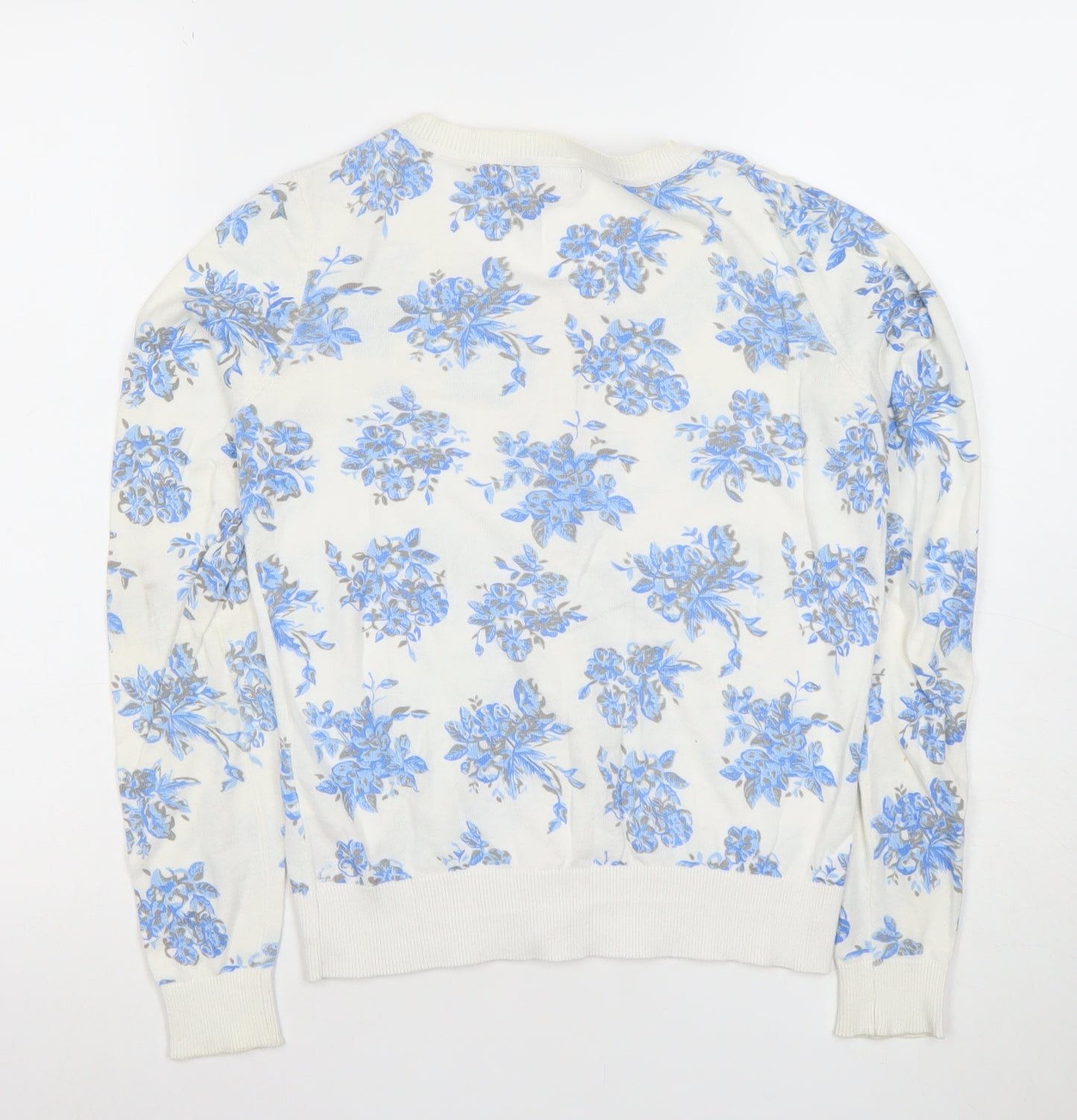 New Look Women White Blue Floral Button-Up Cardigan Size 8