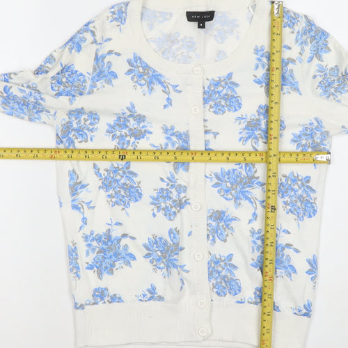 New Look Women White Blue Floral Button-Up Cardigan Size 8