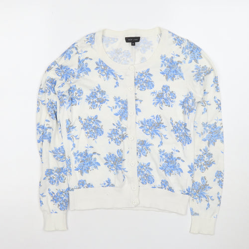 New Look Women White Blue Floral Button-Up Cardigan Size 8