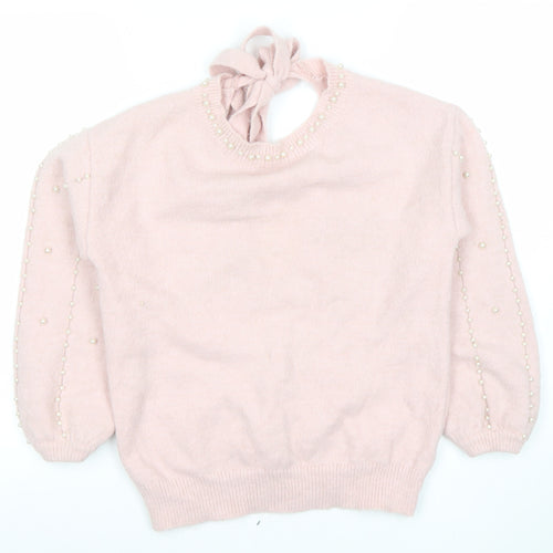 MIC TORSER Women Pink Beaded Bow Back V-Neck Wool Blend Jumper One Size