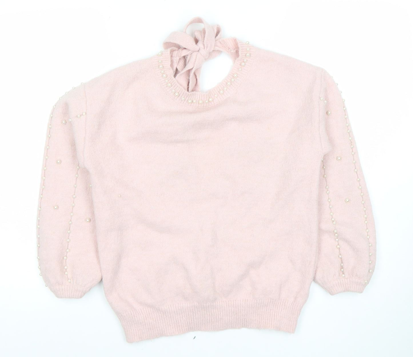 MIC TORSER Women Pink Beaded Bow Back V-Neck Wool Blend Jumper One Size