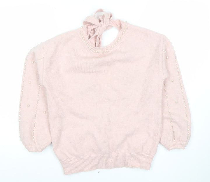 MIC TORSER Women Pink Beaded Bow Back V-Neck Wool Blend Jumper One Size