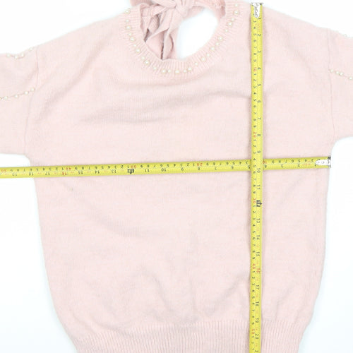 MIC TORSER Women Pink Beaded Bow Back V-Neck Wool Blend Jumper One Size
