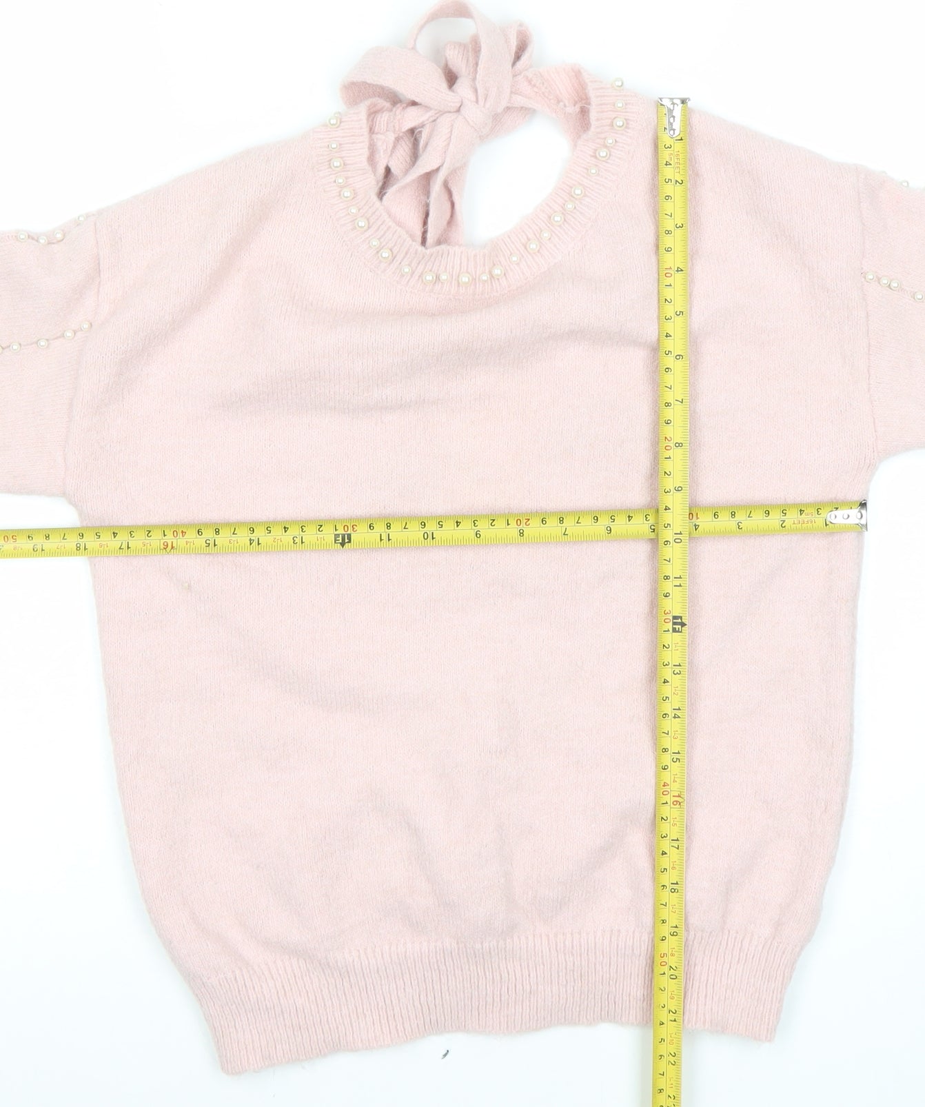MIC TORSER Women Pink Beaded Bow Back V-Neck Wool Blend Jumper One Size