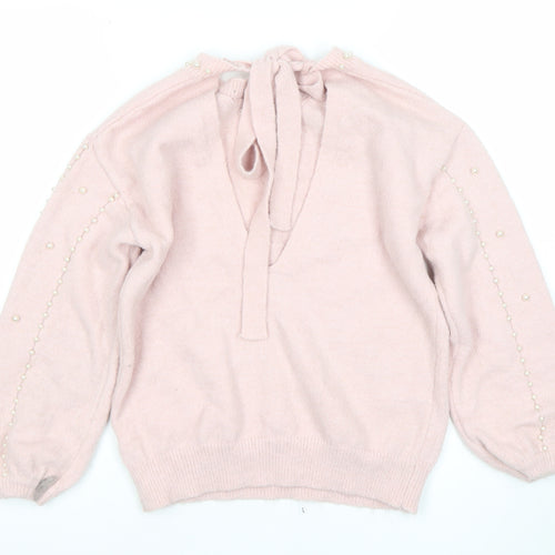 MIC TORSER Women Pink Beaded Bow Back V-Neck Wool Blend Jumper One Size
