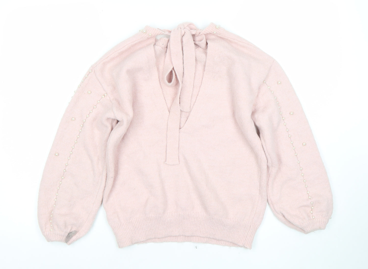 MIC TORSER Women Pink Beaded Bow Back V-Neck Wool Blend Jumper One Size