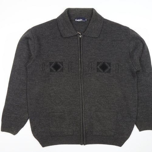 Esquire Men's Grey 3XL Full Zip Knit Jumper Collared Classic Style