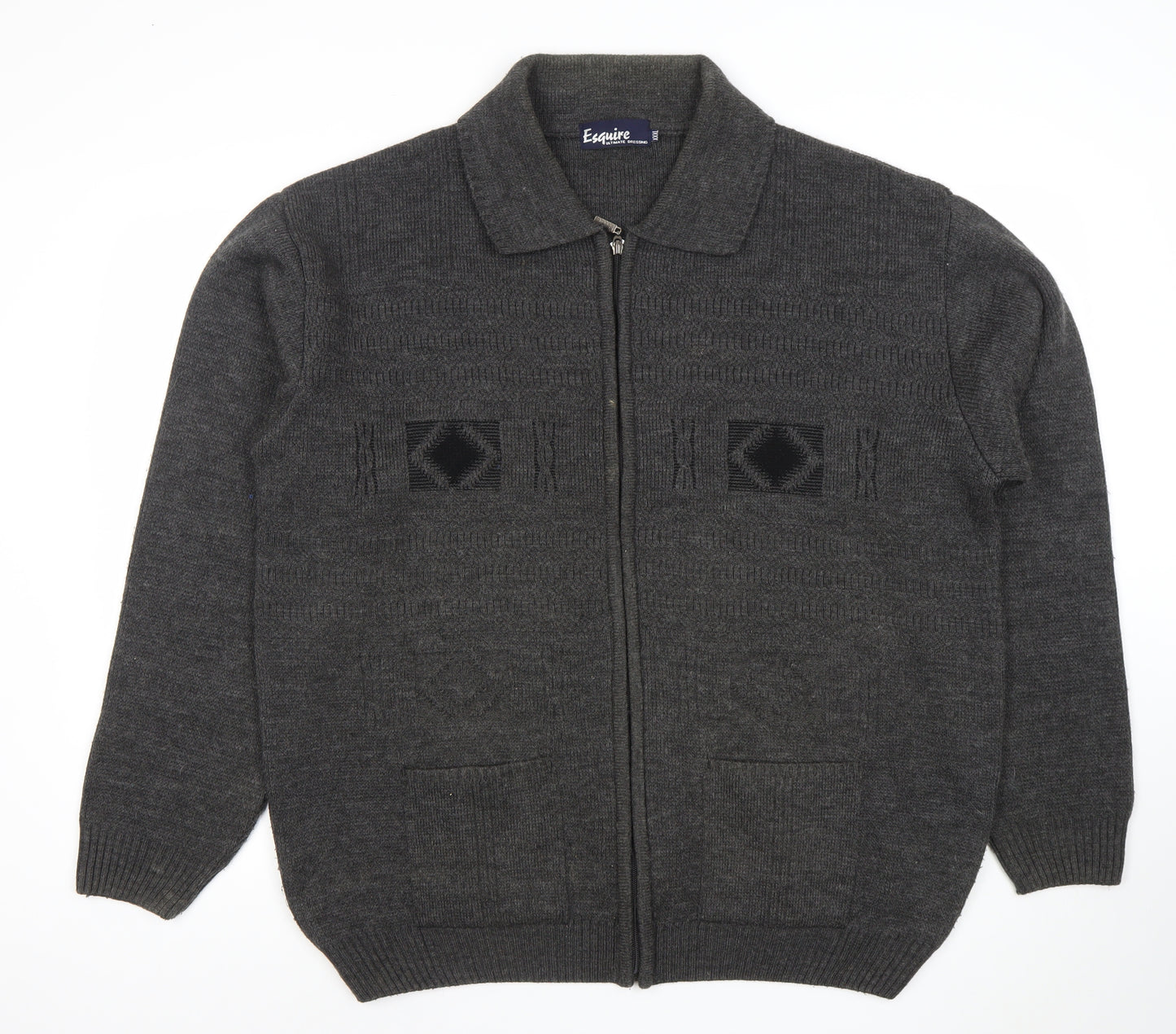 Esquire Men's Grey 3XL Full Zip Knit Jumper Collared Classic Style