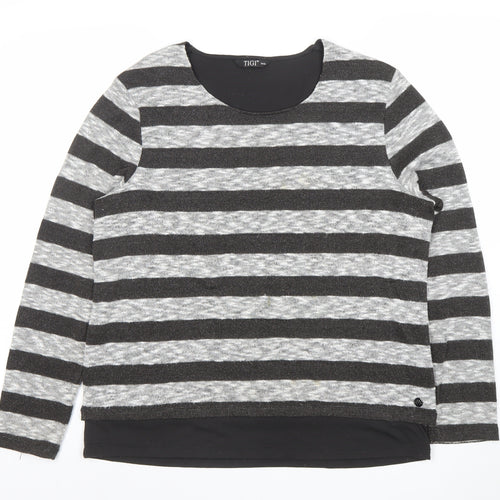 TIGI Women’s Grey Striped Pullover Jumper Size 14 Long Sleeve Knit